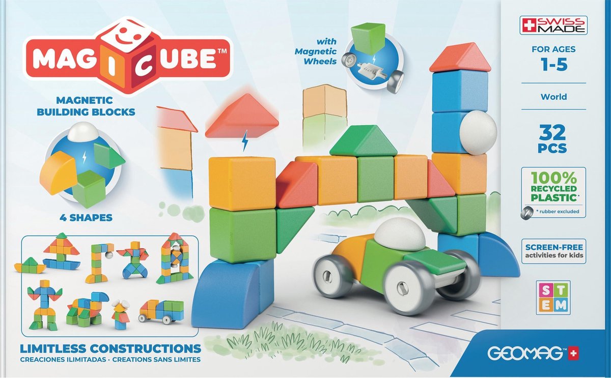 Geomag magicube 4 formes blocs monde recyclé - blocs de construction magnétiques - 32 pièces - à partir de 3 ans