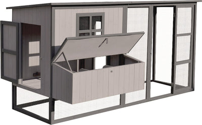 Poulailler Flamingo Calypso Cottage - 219 x 100 x 110,5 cm - Poulailler en bois gris avec enclos extérieur et nid de ponte - spacieux, durable et élégant