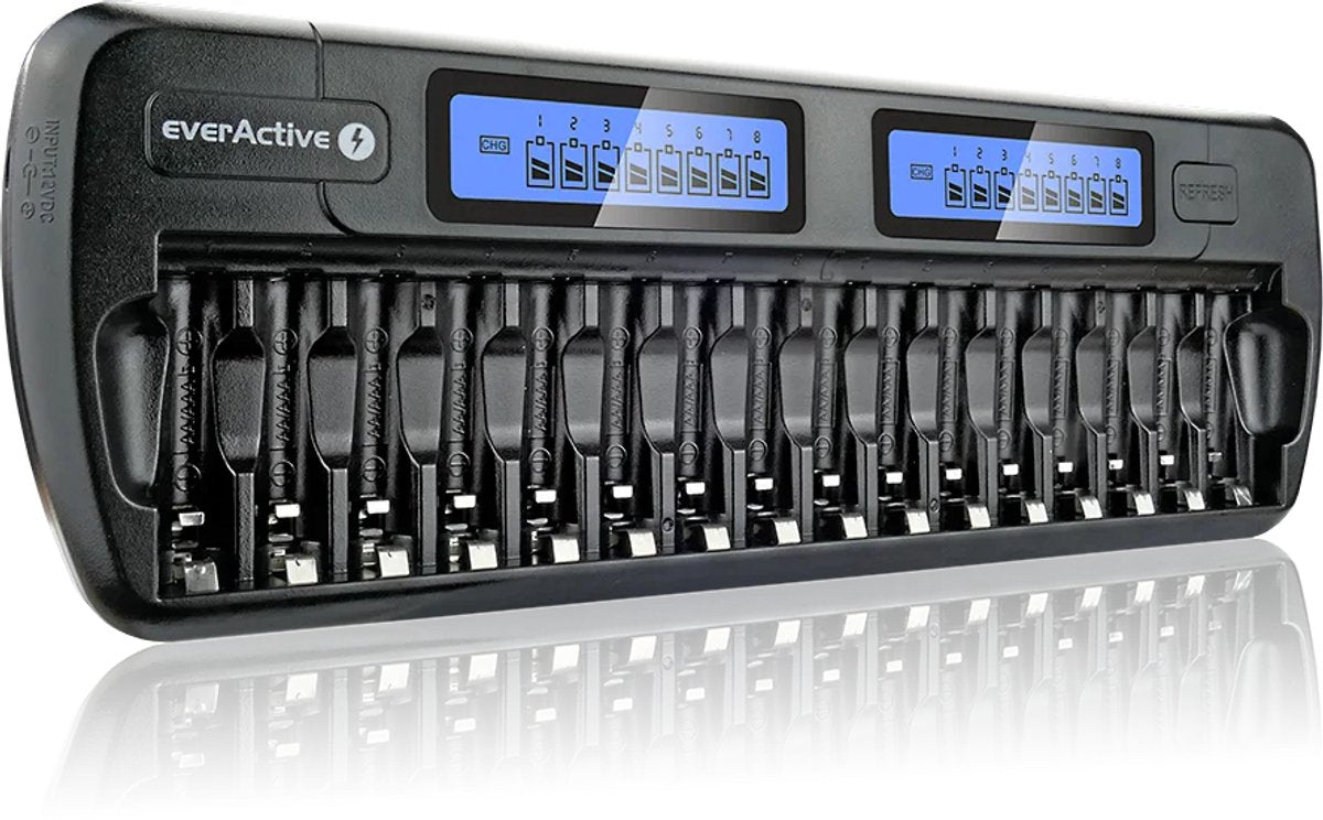 Chargeur de batterie professionnel Everactive nc-1600 - pour 1 à 16 piles AA - canaux de charge indépendants - écran LCD - chargeur de voiture inclus