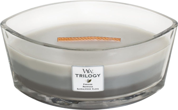 Bougie parfumée ellipse Woodwick Heartwick Flame Trilogy - Bois chauds - 50 heures de combustion
