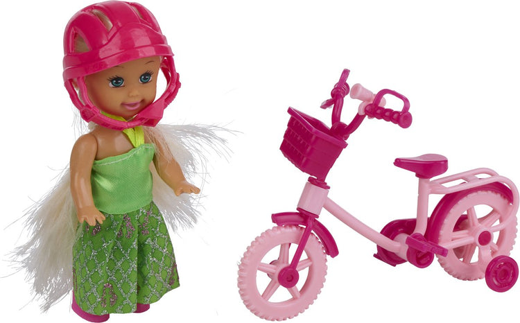 Eddy Toys Mini poupée mannequin avec vélo - poupée mannequin avec vélo rose et casque - coffret de jeu avec roues d'entraînement et panier - mini poupée avec accessoires - vert et rose