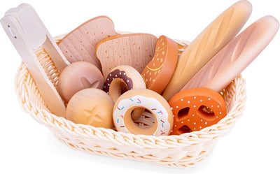 Woet ® ensemble de jeu corbeille à pain en bois - divers sandwichs à pâtisserie dans un panier avec pinces - jeu de rôle boulangerie - accessoires de cuisine jouets pour enfants - à partir de 2 ans