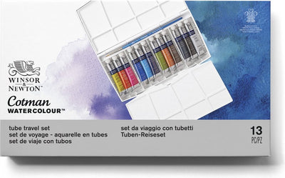 Winsor Newton 0390377 Cotman Kit de peinture aquarelle – Kit de voyage 12 tubes – Aquarelle 8 ml avec pinceau – Kit aquarelle de voyage studio