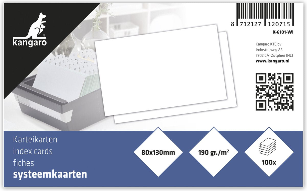 Fiche Kangaro - 80x130 mm - vierge - 190 grammes - paquet de 100 feuilles - k-6101-wi