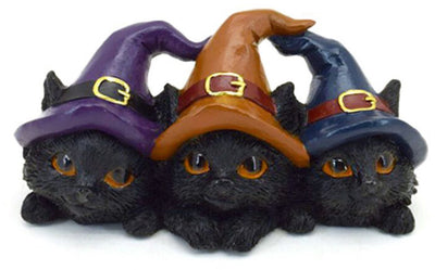 Trio de chats noirs en sorcières en chapeau de sorcière