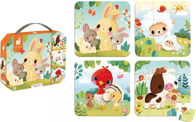 Janod - puzzle en carton - 4 puzzles la ferme 6, 9, 12 et 16 pièces
