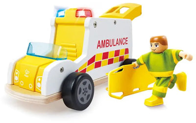 Ambulance en bois Hape avec lumière et son - - à partir de 24 mois