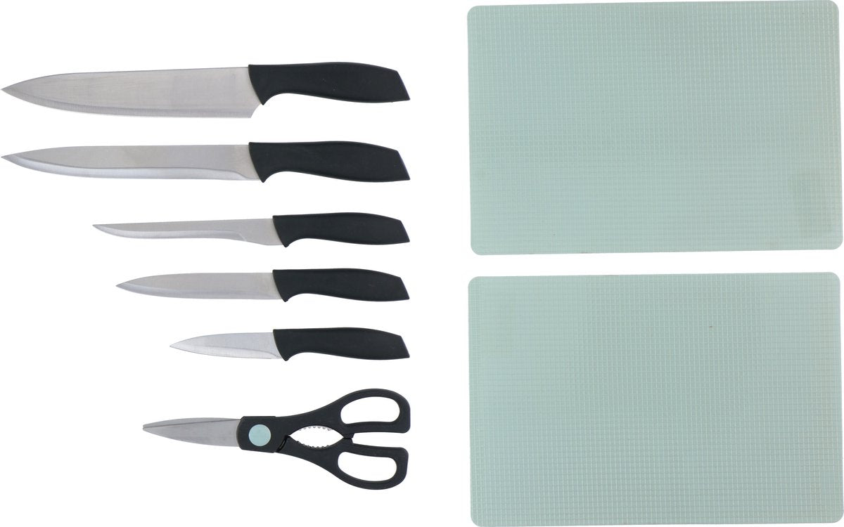 Set de couteaux Alpina - 8 pièces - couteau de chef, couteau à découper, couteau à désosser, couteau universel et couteau à éplucher - avec ciseaux - incl. 2 planches à découper