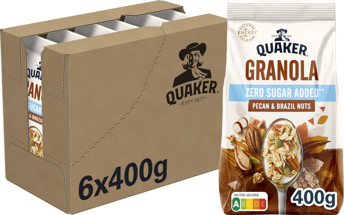 Quaker granola sans sucre ajouté noix de pécan du Brésil - céréales pour petit déjeuner - 6 x 400 grammes