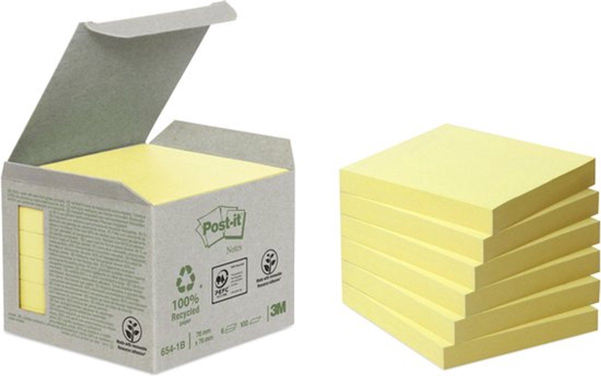 Post-it - notes recyclées | 100 feuilles | pi 76 x 76 mm | jaune | paquet de 6 blocs