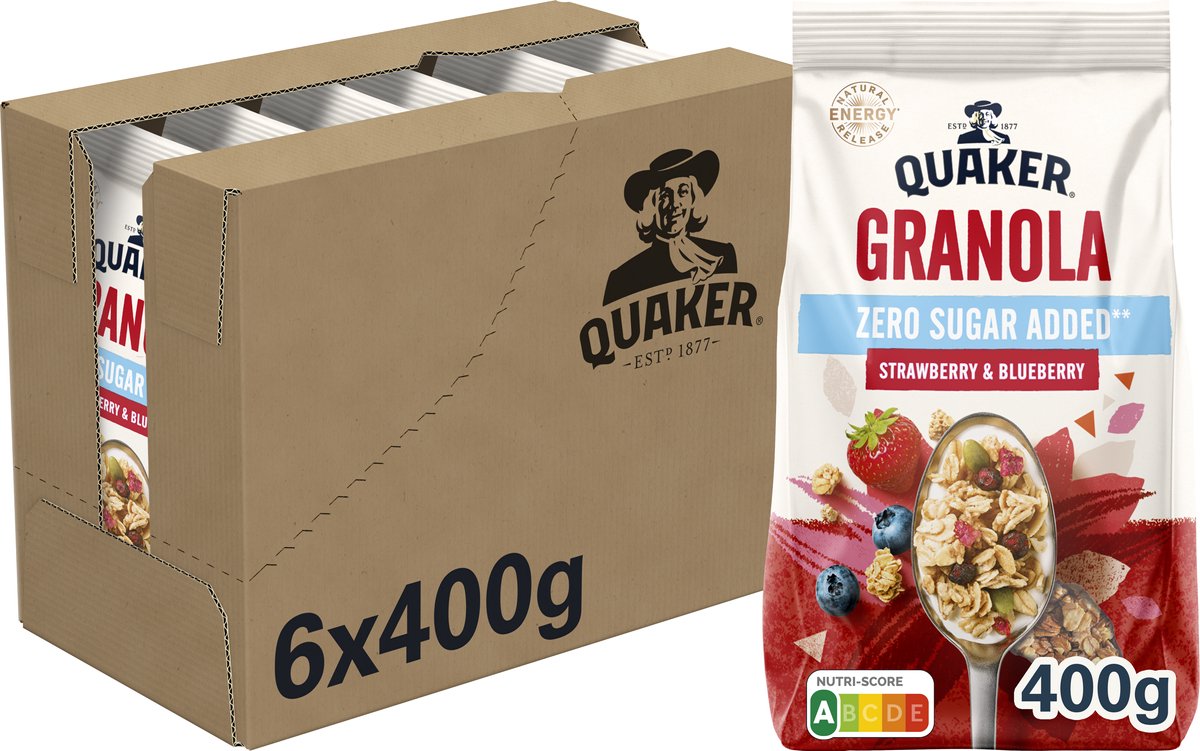 Quaker granola zéro sucre ajouté fraise myrtille - céréales pour petit déjeuner - 6 x 400 grammes