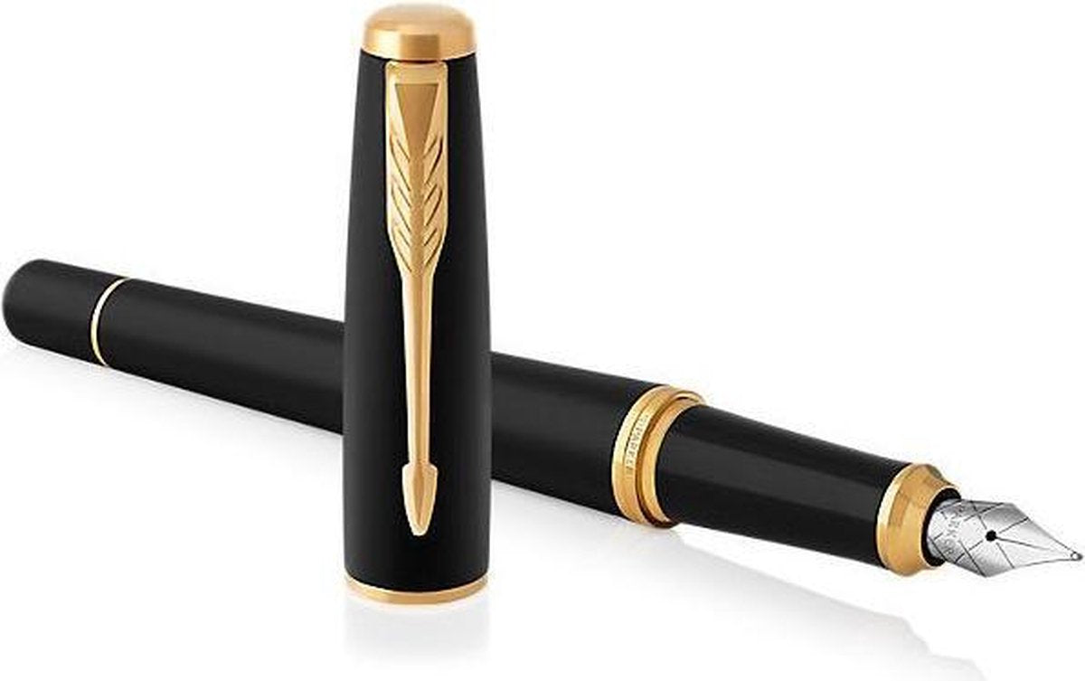 Stylo plume urbain Parker | noir mat avec détails dorés | plume fine à encre bleue | coffret cadeau