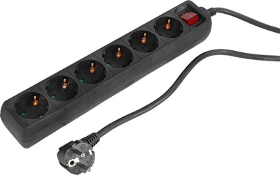 Multiprise Q-link avec interrupteur - Rallonge 6 voies avec terre de protection - 3 x 1,5 mm - 5 m - noir