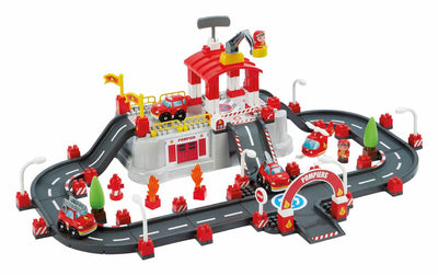 Abrick Ecoiffier Construction Set - Brigade de pompiers avec couvercle comme base de jeu - y compris les accessoires pour mini -cité - stockage en tonne - à partir de 18 mois
