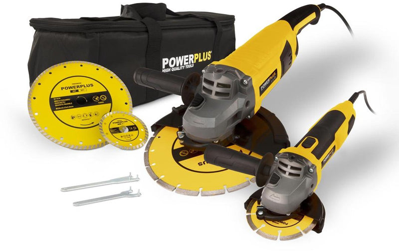 Set de meuleuse d'angle électrique Powerplus powx06250 - 2 meuleuses 2000w + 750 w - disque de meulage 230mmᴓ + 115mmᴓ, set d'outils électriques, 4 acc.