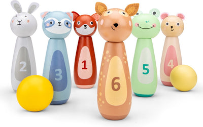 Woet ® jeu de quilles animaux en bois pour enfants - jeu de quilles avec 6 quilles et 2 boules - fsc - jeu éducatif - à partir de 3 ans