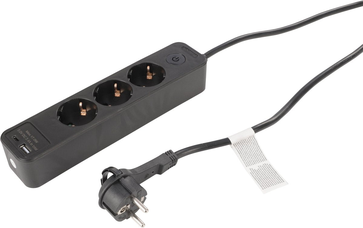 Multiprise Q-link - 3 prises - mise à la terre - avec fiche plate - USB A C - 3 x 1,5 mm² - 1,5 m - noir