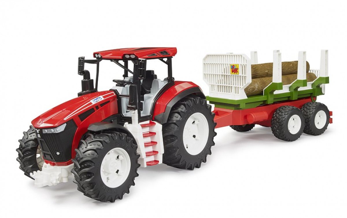 Tracteur Bruder roadmax avec remorque arrière et 3 troncs d'arbres