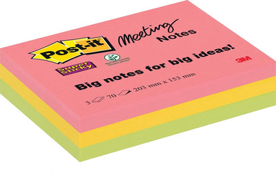 Notes de réunion super collantes Post-it, pi 203 x 152 mm, couleurs assorties, 70 feuilles, paquet de 3 blocs