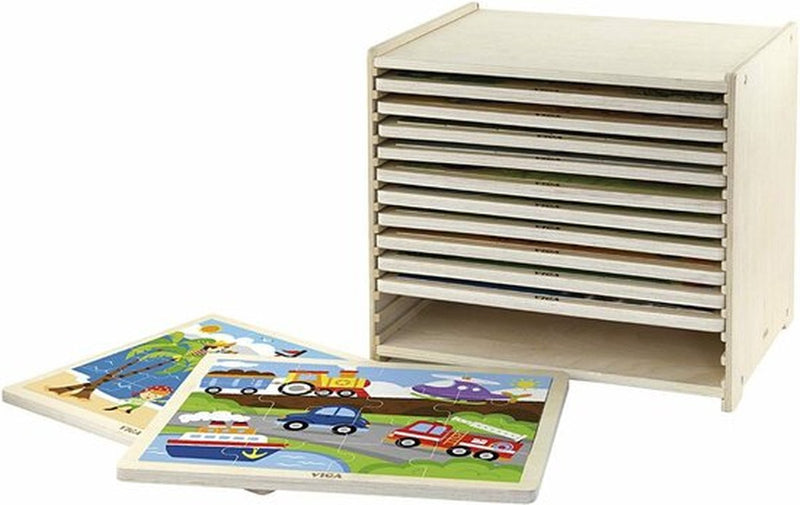 Viga porte-puzzles avec 12 puzzles, h : 275, l : 315 mm, l : 235 mm, dimensions 31x27x23 cm, 12x24 pièces, 12 pièces 1 set
