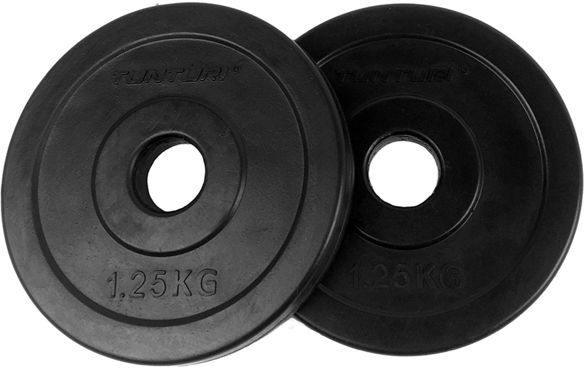 Plaques de poids Tunturi - poids d'haltères - 2x 1,25 kg - 30 mm - caoutchouc - incl. application de remise en forme gratuite
