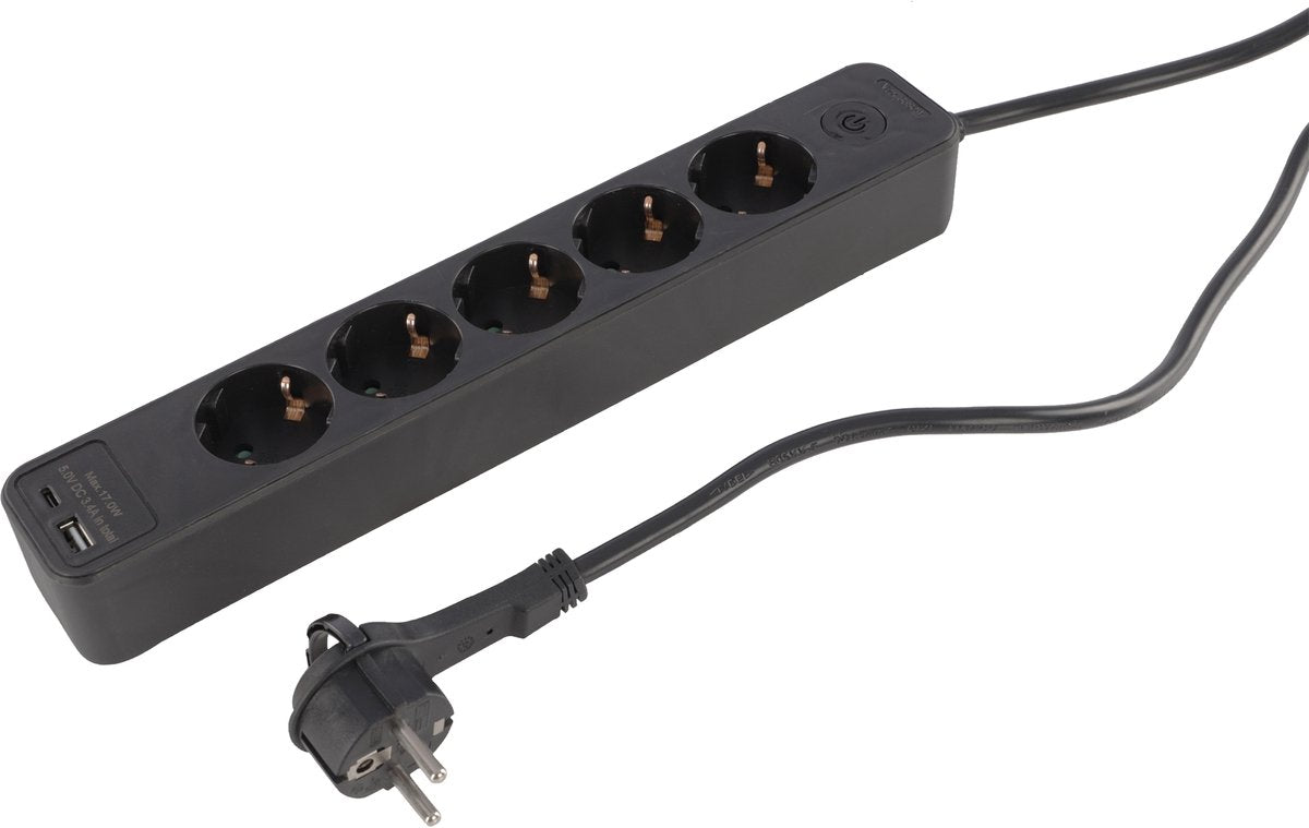 Multiprise Q-link - 5 prises - mise à la terre - avec fiche plate - USB A C - 3 x 1,5 mmã‚â² - 1,5 m - noir