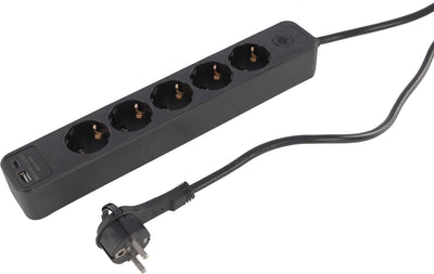 Multiprise Q-link - 5 prises - mise à la terre - avec fiche plate - USB A C - 3 x 1,5 mmã‚â² - 1,5 m - noir