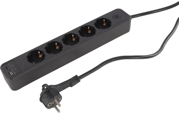 Multiprise Q-link - 5 prises - mise à la terre - avec fiche plate - USB A C - 3 x 1,5 mmã‚â² - 1,5 m - noir
