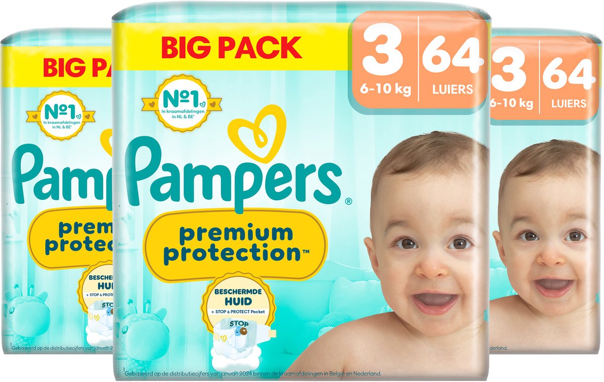 Couches Pampers premium protection taille 3 - 3 x 64 pièces - 6kg à 10kg