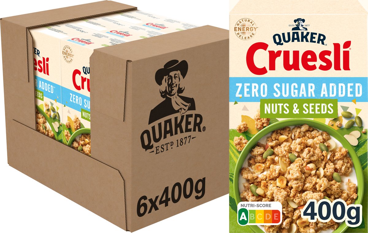 Quaker cruesli graines de noix sans sucre ajouté - céréales pour petit déjeuner - 6 x 400 grammes