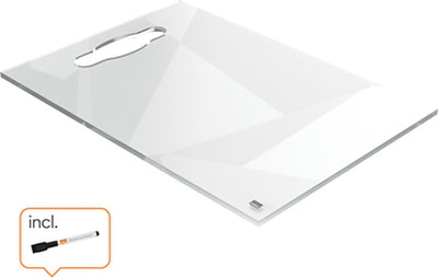 Mini tableau blanc portable en acrylique Nobo a4 pour le bureau - poignée intégrée, effaçable à sec - 210 x 297 millimètres - avec marqueur - transparent