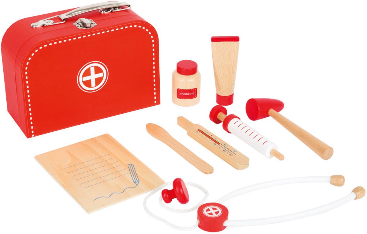 Petit pied de médecin en bois ensemble en valise rouge