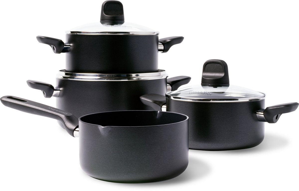Greenpan Memphis set de poêles 7 pièces - 16 18 20 24 cm - 1,6 2,1 3,1 4,9 l - revêtement antiadhésif sans PFA - poêle à induction - poêle en céramique - passe au four jusqu'à 160°c - poignées froides - avec couvercle en verre - noir