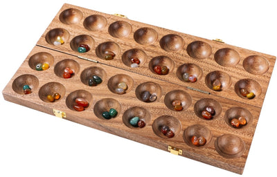 Engelhart Mancala Walnut Double – Jeu de stratégie en bois – Jeu de société Kalaha de luxe – Jeu de réflexion classique – 2 joueurs – Pierres précieuses incluses –