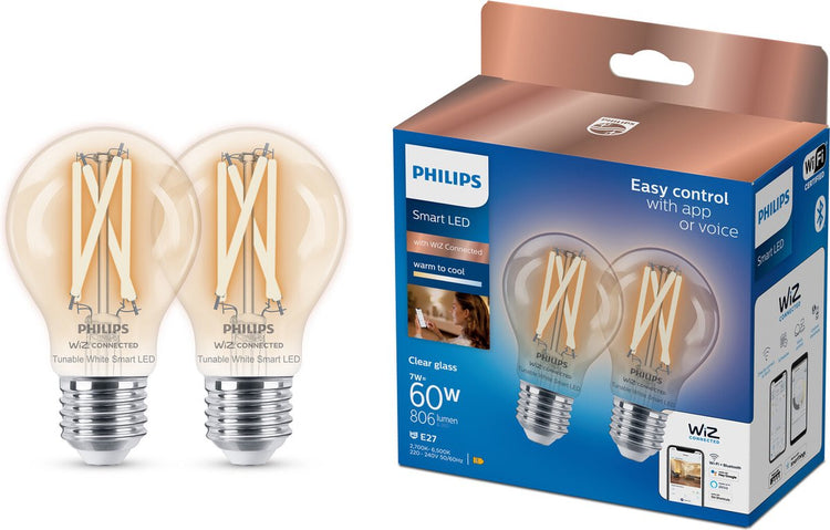 Philips Smart Lighting - Pack de 2 ampoules à filament - Éclairage LED intelligent - Lumière blanche chaude à froide - e27 - 60 W - Transparent - Wi-Fi
