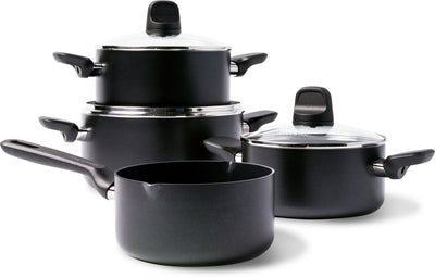 Greenpan Memphis set de poêles 7 pièces - 16 18 20 24 cm - 1,6 2,1 3,1 4,9 l - revêtement antiadhésif sans PFA - poêle à induction - poêle en céramique - passe au four jusqu'à 160°c - poignées froides - avec couvercle en verre - noir