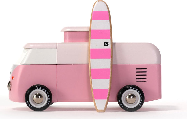 Candylab voiture jouet en bois VW bus de plage - rose - design classique.