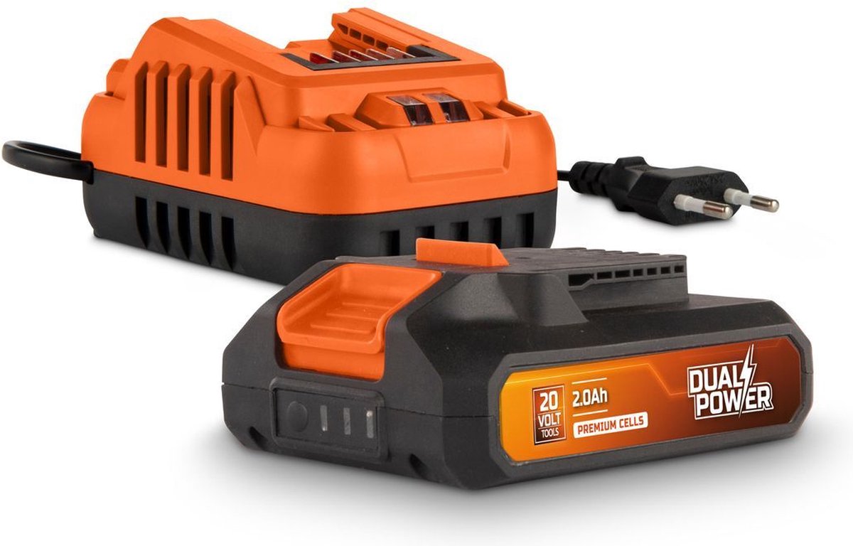Powerplus ensemble de chargeurs de batterie double puissance powdp90620 - batterie 20v, 2,0ah - pour appareils 20v - chargeur 2a - pour batteries 20v 2x20v - plateforme de batterie