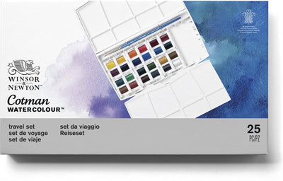 Winsor Newton 0390376 Ensemble de peinture aquarelle Cotman – Ensemble de voyage – 24 demi-godets – Ensemble complet d'aquarelle avec palettes de mélange de pinceaux