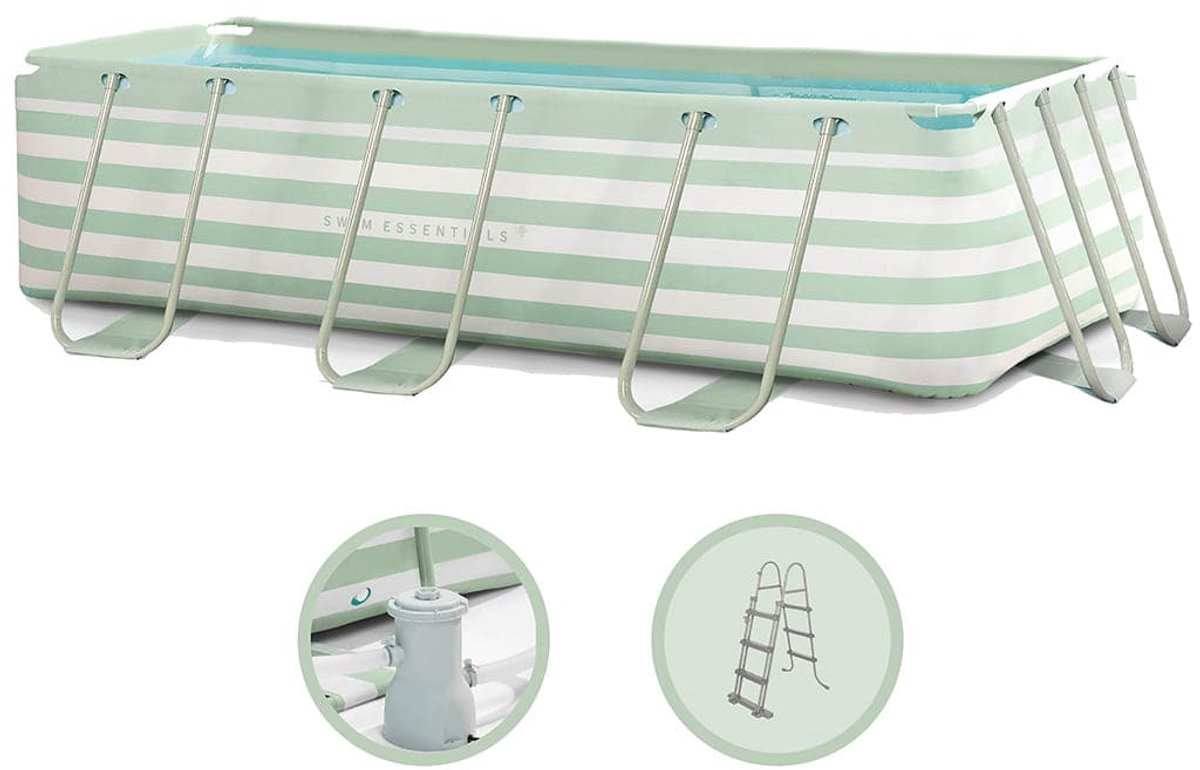 Les essentiels de natation - piscine cadre 4 mètres + pompe à filtre + escalier vert - rayé vert - piscine hors sol