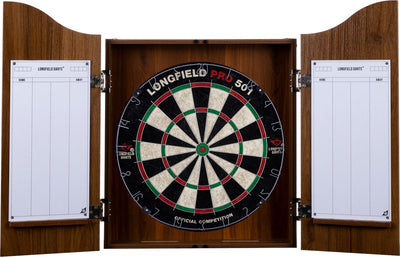 Armoire en bois Engelhart avec jeu de fléchettes – comprenant 6 flèches à pointe en acier, marqueur pour tableau blanc – protège le mur et le jeu de fléchettes – jeu de compétition – placage en bois marron – longfield