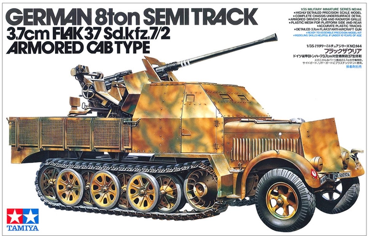 Maquette Tamiya véhicules militaires - 35144 semi-chenillé 8 tonnes 3,7 cm flak 37 sd.kfz.7 2 - cabine blindée type Seconde Guerre mondiale - véhicule anti-aérien allemand plastique - 1:35 - modélisme