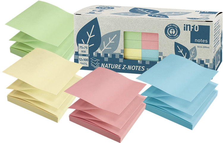 Notes d'information notes autocollantes d'information -nature - z-notes - 12 x 100 feuilles - 75x75mm - jaune, vert, rose, bleu - in-5644-88