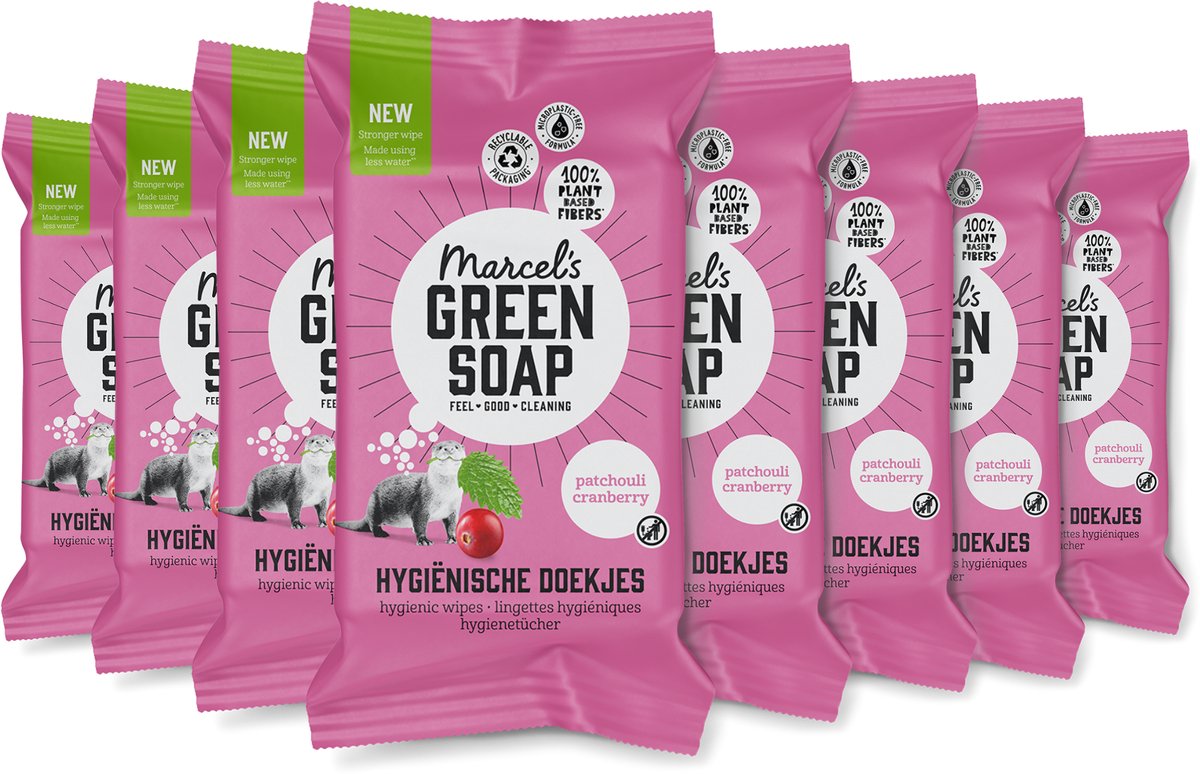 Lingettes nettoyantes hygiéniques au savon vert Marcel's - patchouli canneberge - 8 x 60 pièces