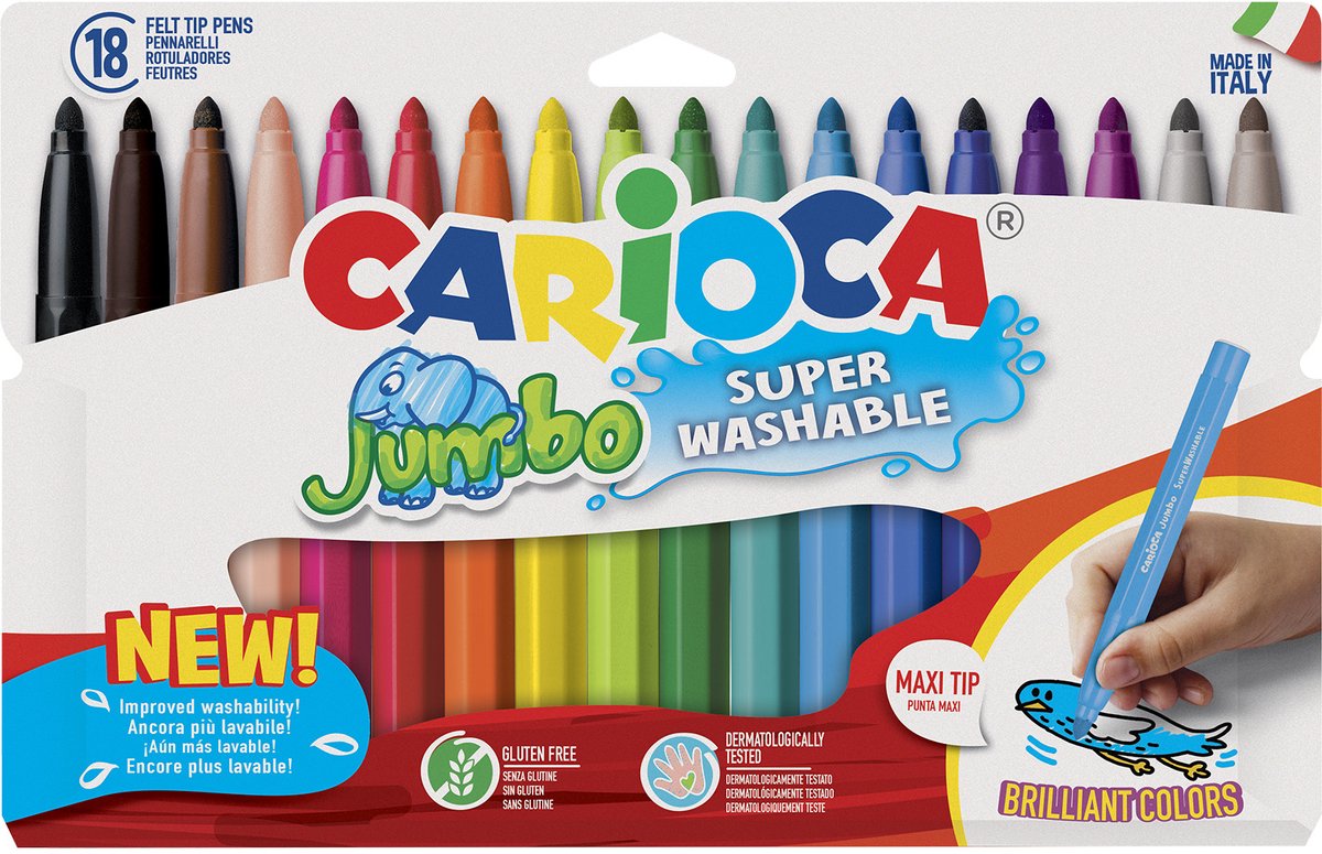 Marqueurs jumbo Carioca - 18 couleurs - pointe maxi 6 mm - lavables - marqueurs à colorier pour enfants
