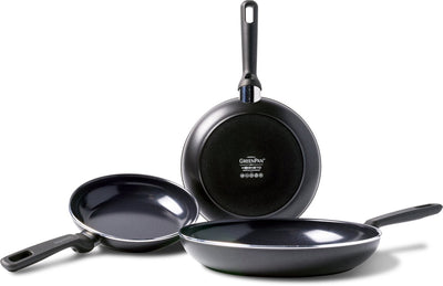 Greenpan Memphis set de poêles 3 pièces - 20 24 28 cm - revêtement antiadhésif sans PFA - set de poêles à induction - poêle en céramique - passe au four jusqu'à 160°c - poignées froides - noir
