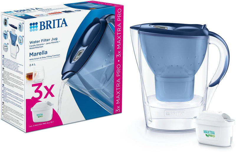 Brita - carafe filtrante - marella cool - 2,4l - bleu - incl. 3 cartouches de filtre à eau tout-en-1 maxtra pro - pack économique