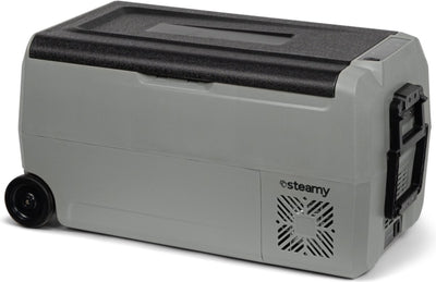 Glacière électrique à rouleau Steamy-e double zone à compresseur sur roulettes - 32 litres - 12v et 230v - pour voiture et camping - grise