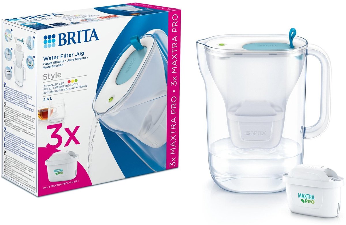 Brita - carafe filtrante - style cool - 2,4l - bleu - incl. 3 cartouches filtrantes tout-en-1 maxtra pro - pack économique