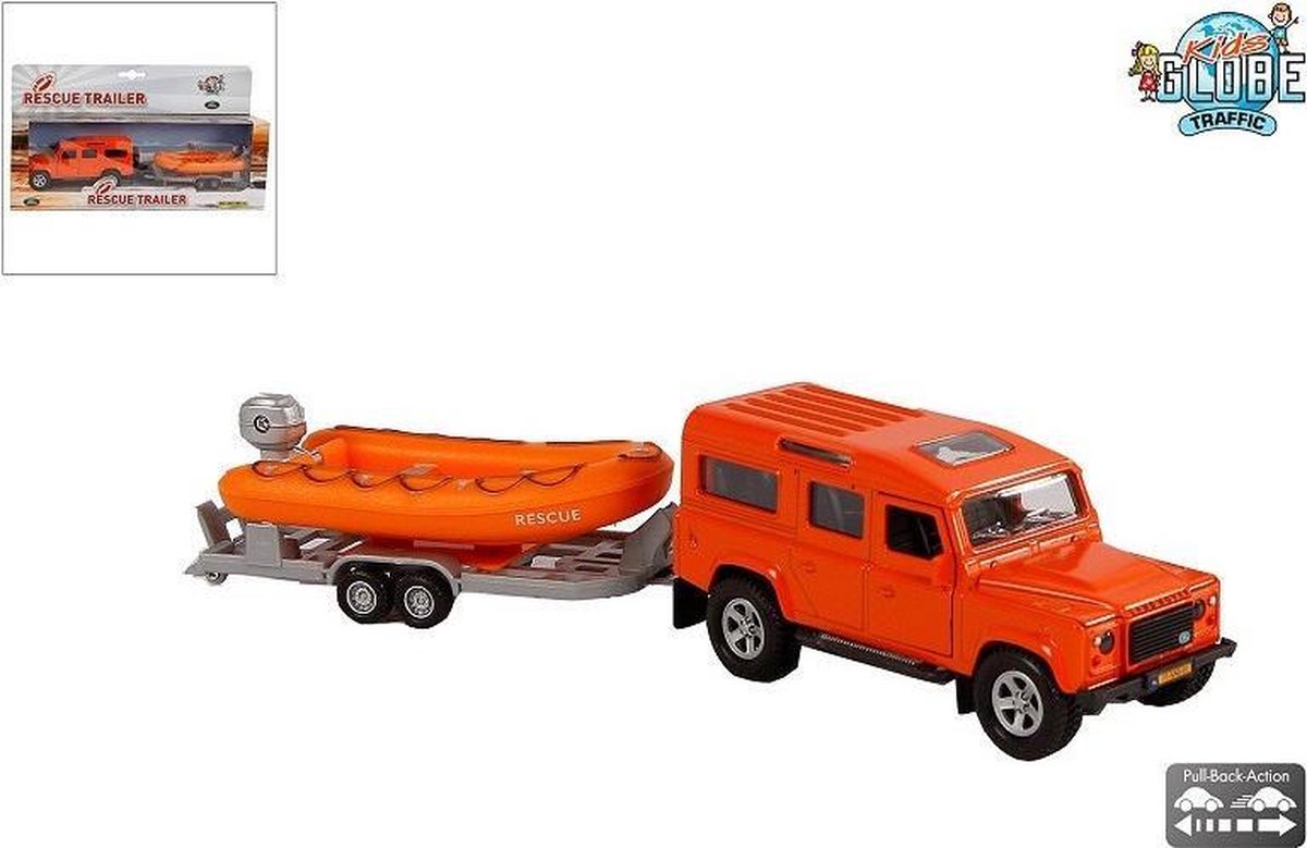 Kids Globe Die Cast Land Rover avec canot de sauvetage, 27 cm